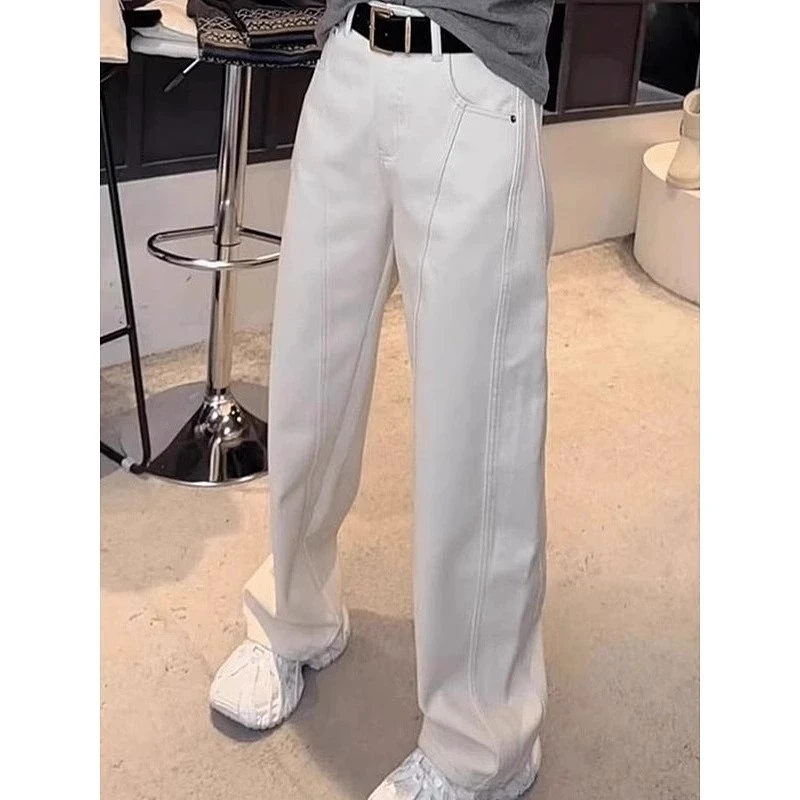 2025春秋水洗白色弯刀牛仔裤百搭新款直筒裤设计感高腰直筒裤子