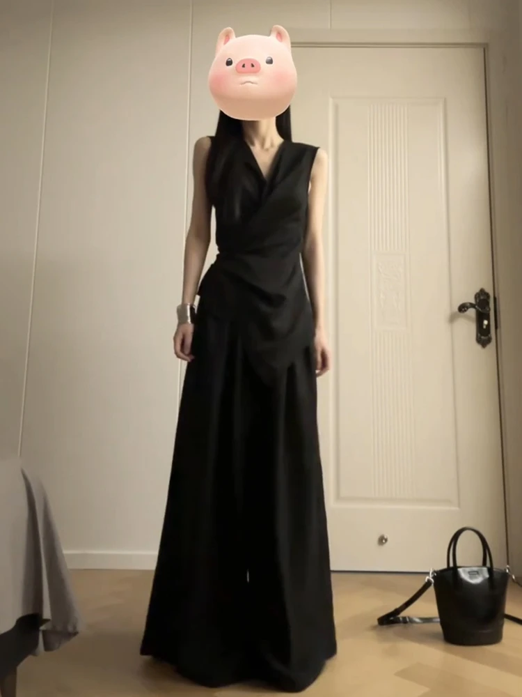 法式气质高级感御姐风穿搭黑色背心裤子女夏无袖收腰显瘦套装长裤