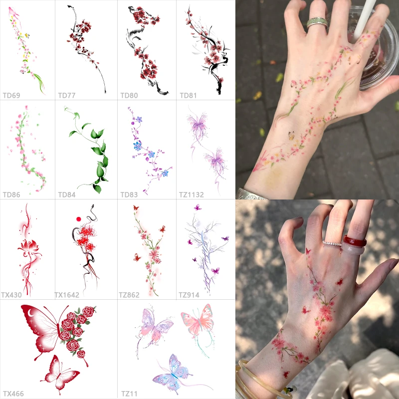 爆款国风蝴蝶桃花 彩色纹身贴高颜值ins防水持久不反光手腕贴纸女