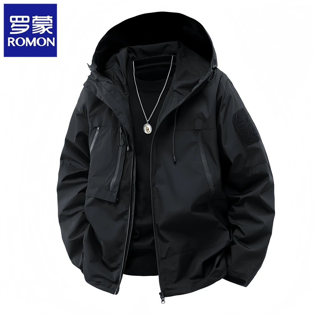 罗蒙2025春秋季新款男士户外冲锋衣潮流撞色夹克防风连帽上衣外套