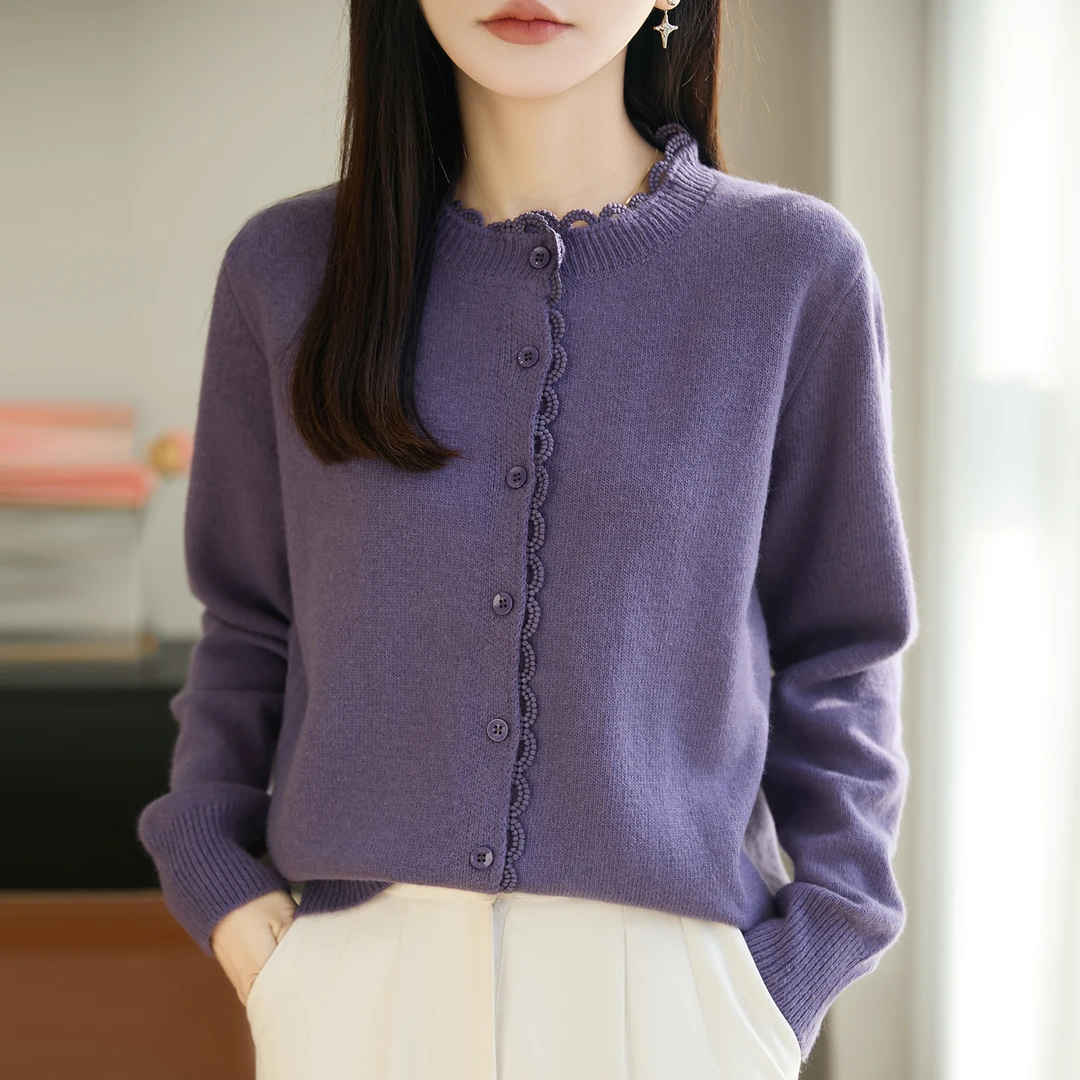 品牌时尚女装圆领纯色宽松毛针织衫百搭气质开衫简约百搭上衣毛衣