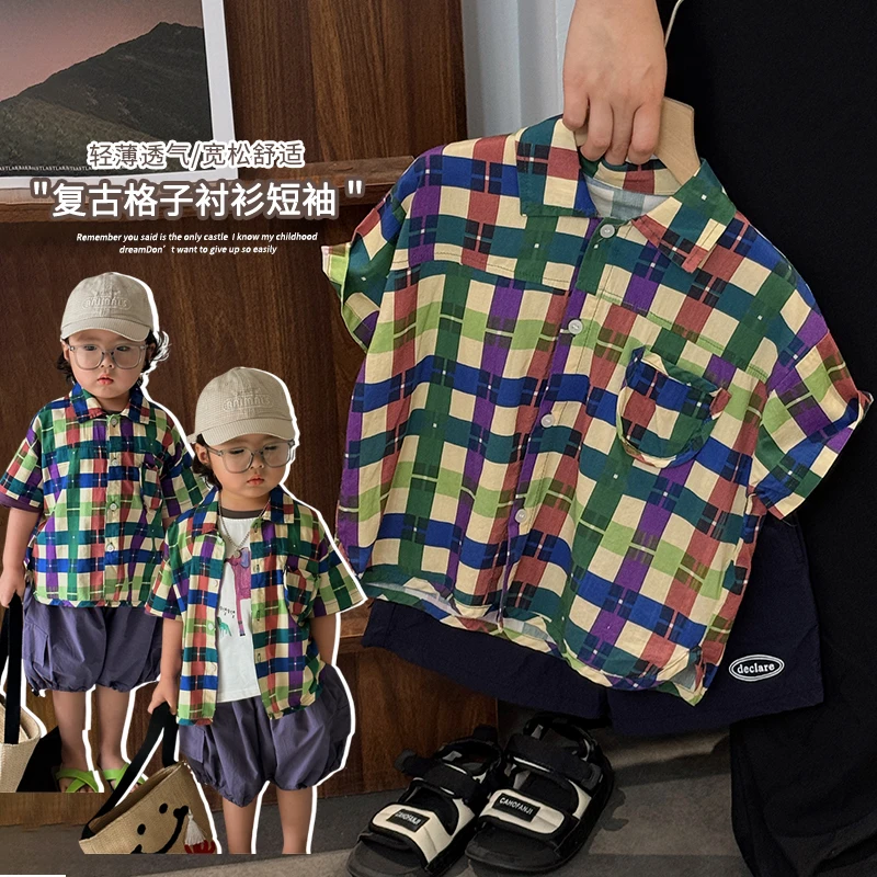 《潮童必入》复古港风衬衫夏装韩版男童女童格子短袖衬25XL10119