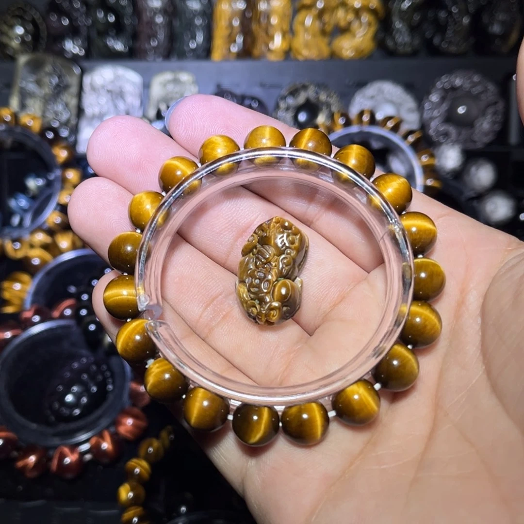 未镶嵌黑曜岩手链微****城天然观虎眼一线10m配貔犰