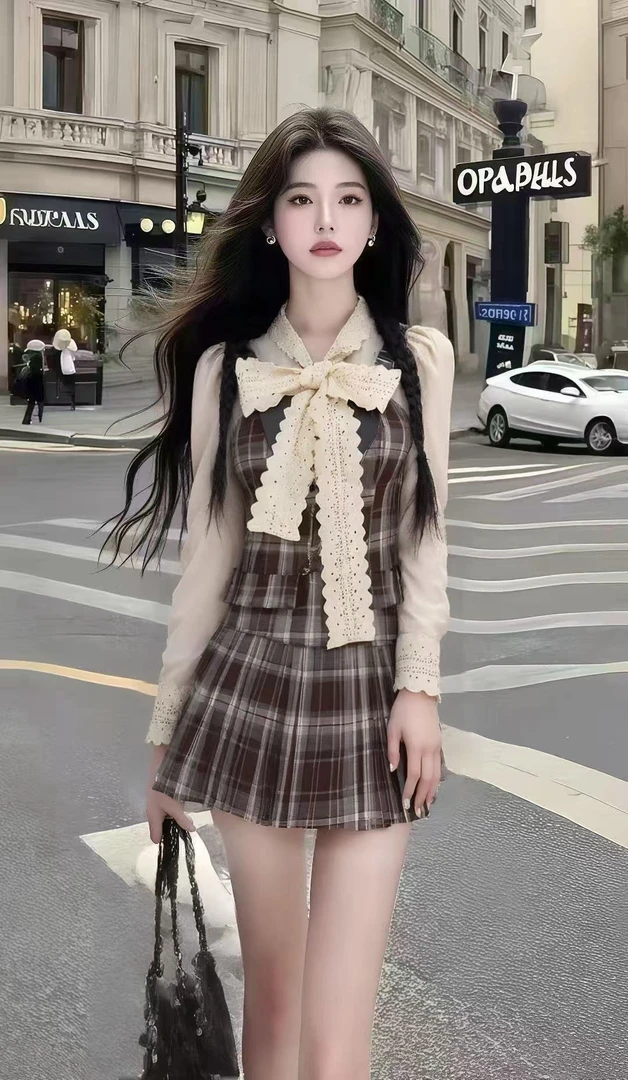 秋季新款千金风拼接格子立领修身长袖上衣+高腰百搭半身裙两件套