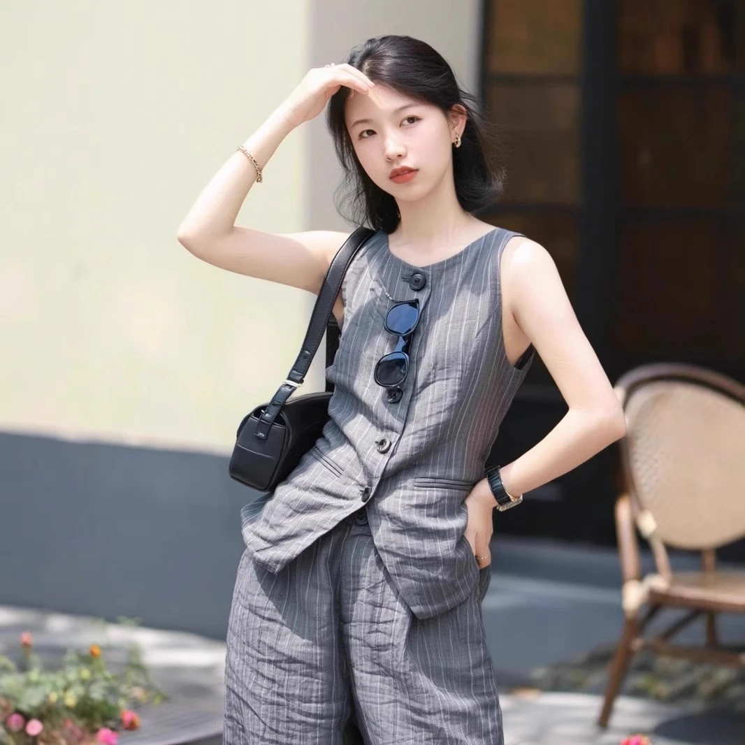无袖马甲复古亚麻条纹套装女夏季休闲宽松阔腿裤松弛感棉麻两件套