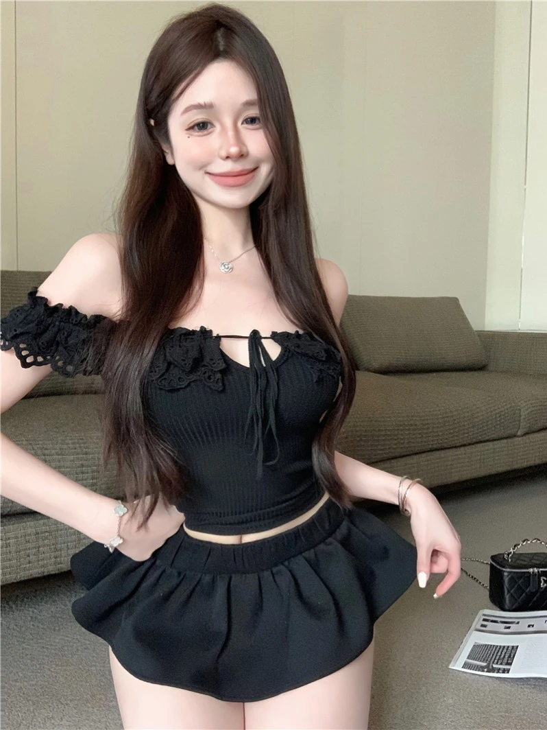 【康斯丽少女】2025夏季新款两穿刺绣纯欲性感显腰细绑带花边上衣女