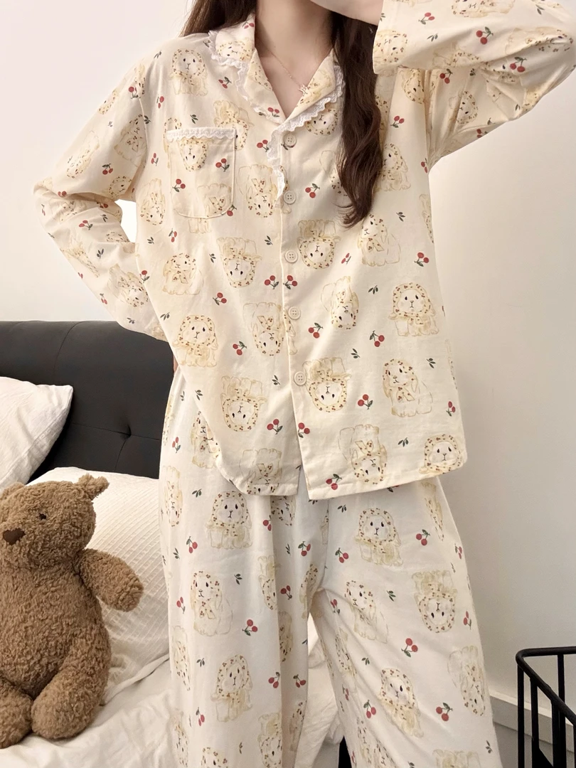 【DMXJ大梦想家】甜美少女卡通樱桃睡衣女秋季款休闲长裤家居服套装