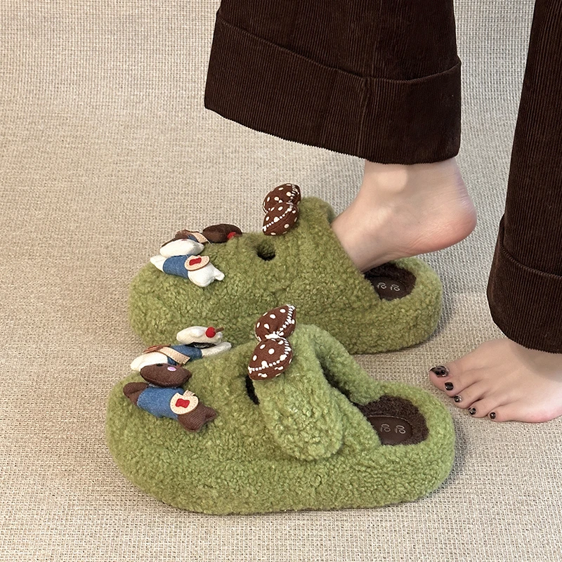 可爱卡通毛毛居家保暖拖鞋女2025新冬季厚底包头拖鞋少女心懒人鞋