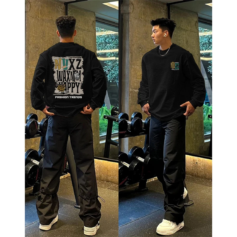 美式街头字母印花长袖T恤男女秋冬潮牌宽松重磅打底oversize上衣