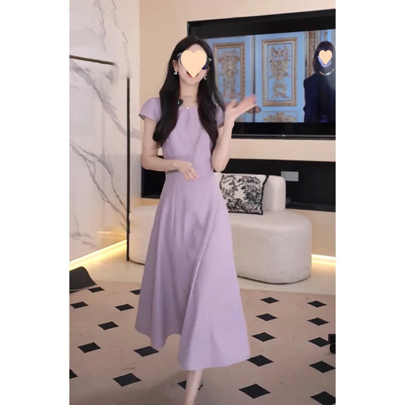 温柔风甜美气质修身连衣裙2025夏季新款名媛细闪收腰字长裙女装