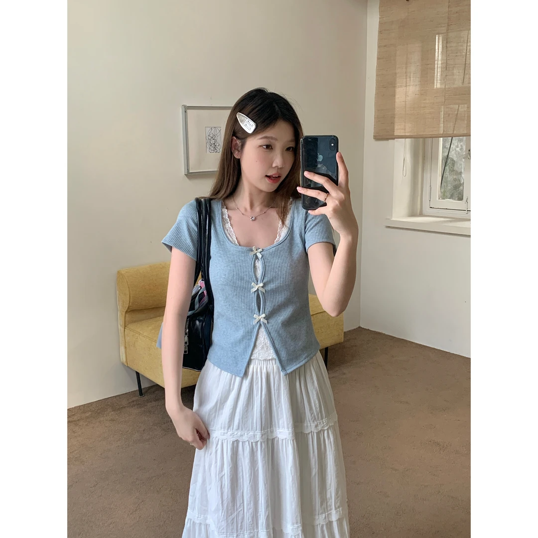 2025夏季新款大码胖MM蕾丝拼接假两件短袖T恤纯欲修身短款上衣