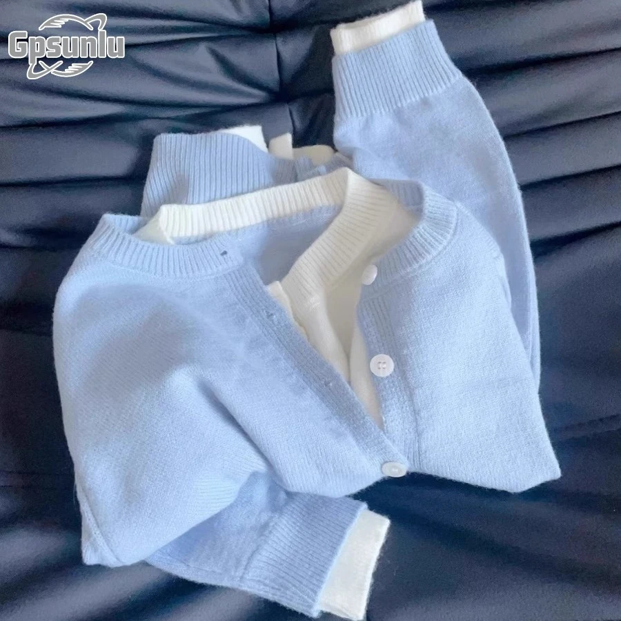 gpsunlu法式小香风蓝色假两件针织开衫女秋季新款钮学生毛衣开衫