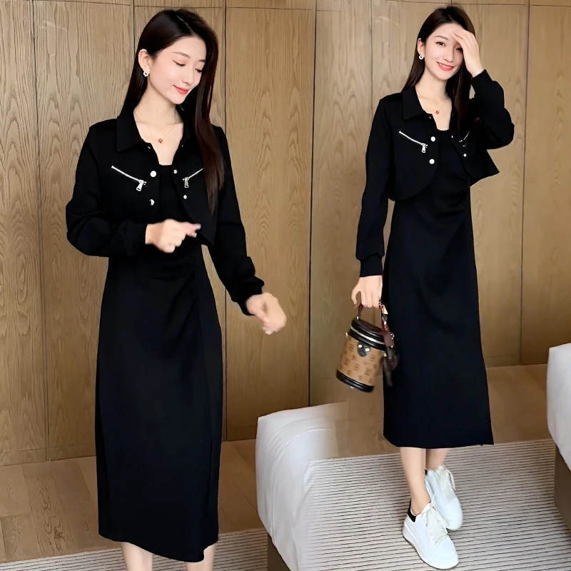 时尚轻熟风连衣裙套装女2025年春秋新款高级感短外套吊带裙两件套