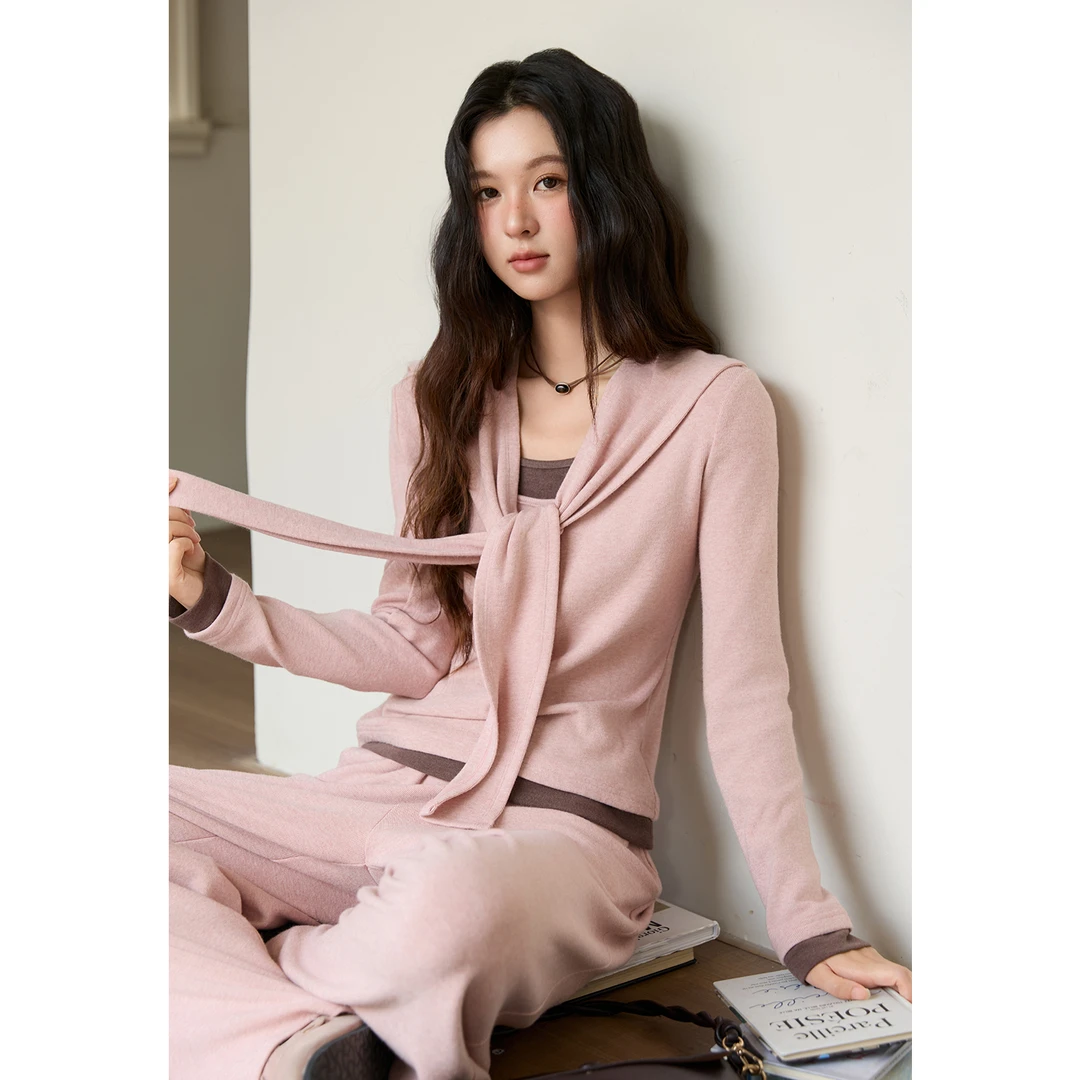 【艾美专属】谜秀针织休闲撞色拼接上衣+披肩/阔腿裤MXE89T1419