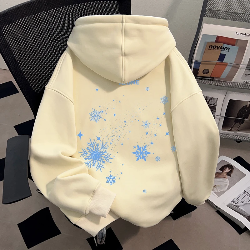 Dekkry秋冬杏色连帽卫衣加绒男女款创意流行雪花印花重磅套头上衣