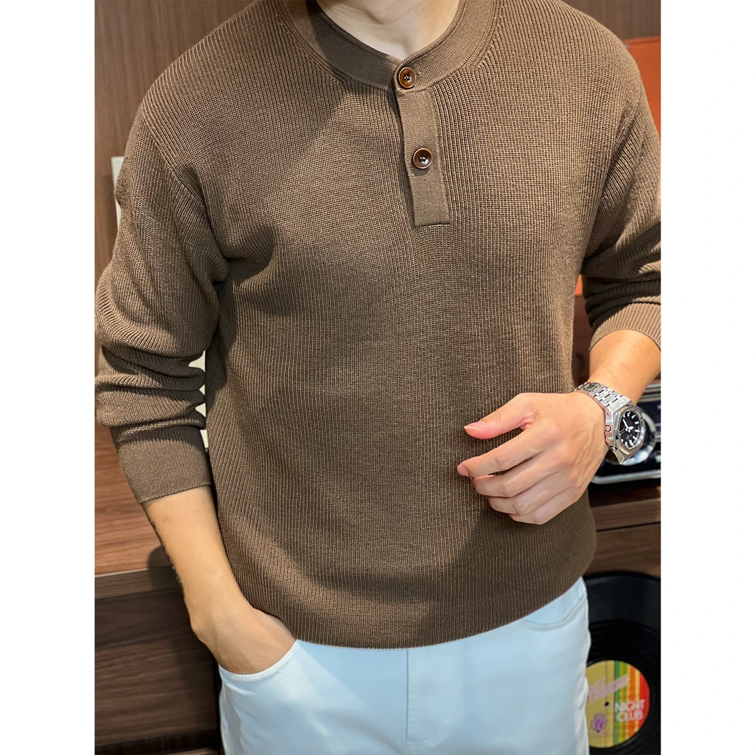 MKLR•盟珂利尔 秋季桑蚕丝羊毛混纺针织老钱风亨利领男士长袖毛衣