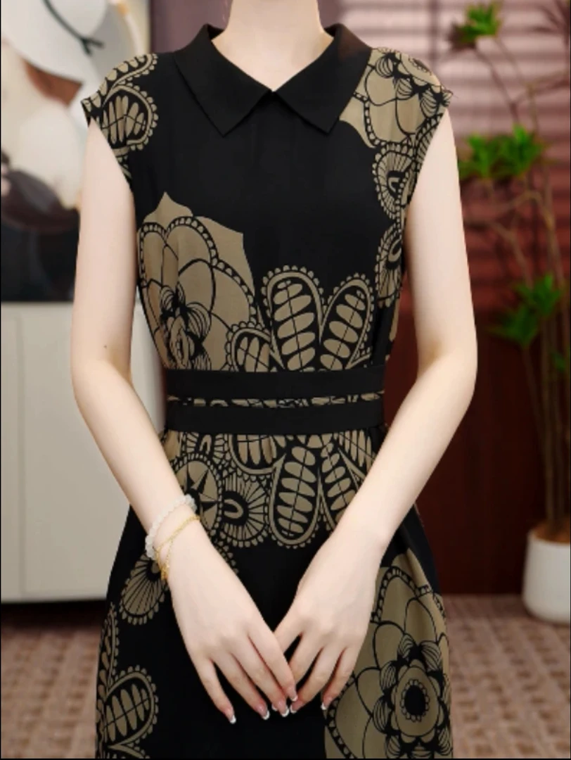 [送腰封]2025专柜新款墨影金花收腰连衣裙ZF-0059