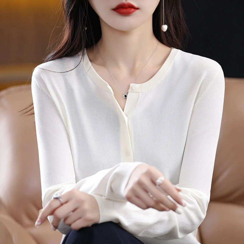 薄款开衫女针织冰丝长袖打底针织外套宽松圆领百搭大码外搭空调衫