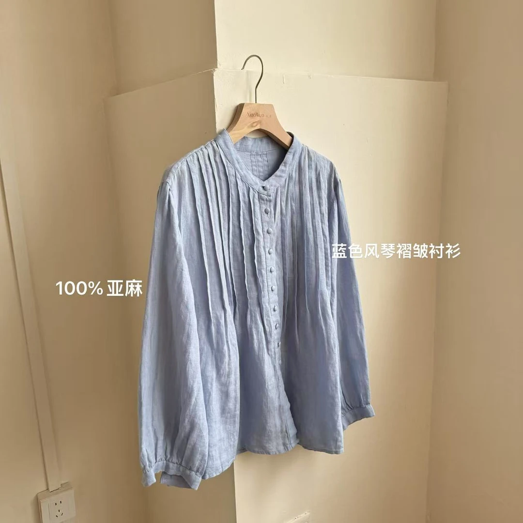 小文姐 W1100-春夏文艺小清新气质领衬衫女设计感小众打褶上衣