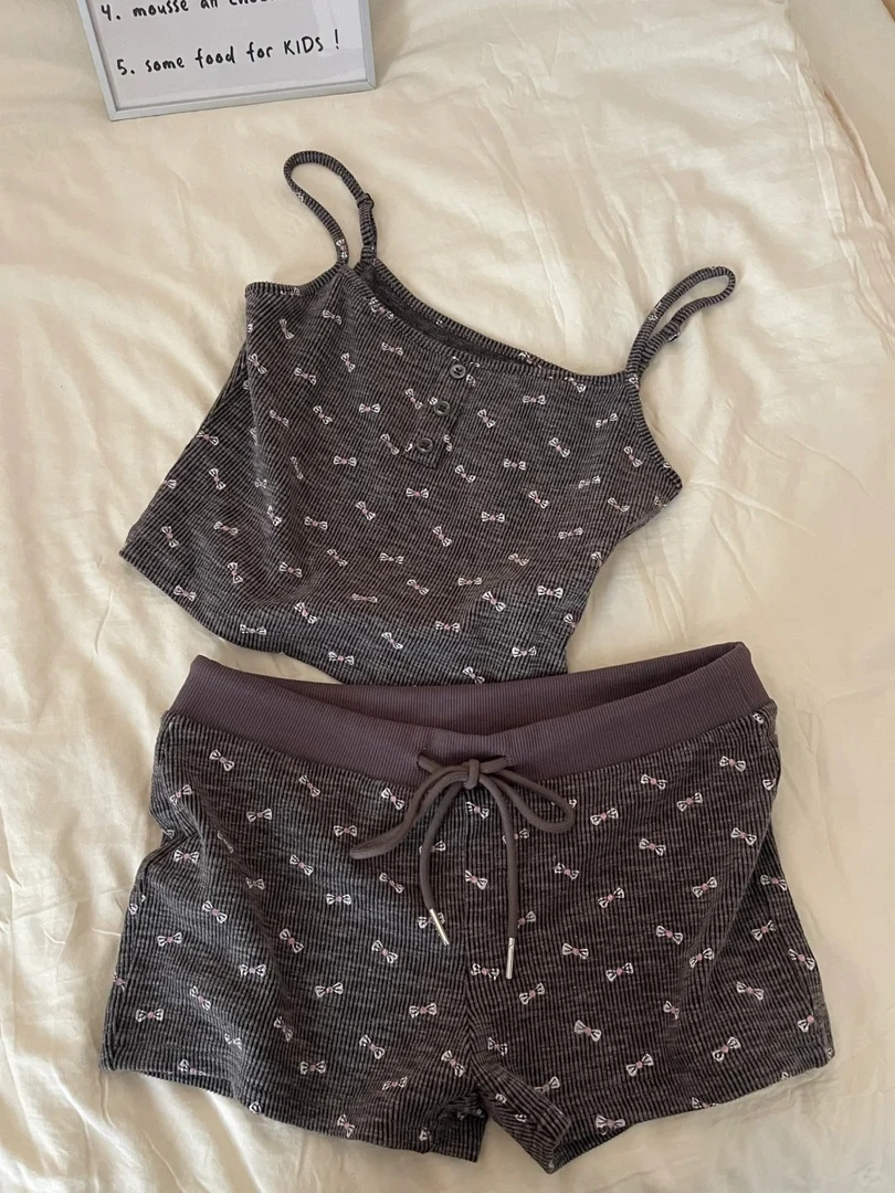 可爱简约风红蝴蝶结吊带睡衣女夏季新款大码短裤套装家居服可外穿