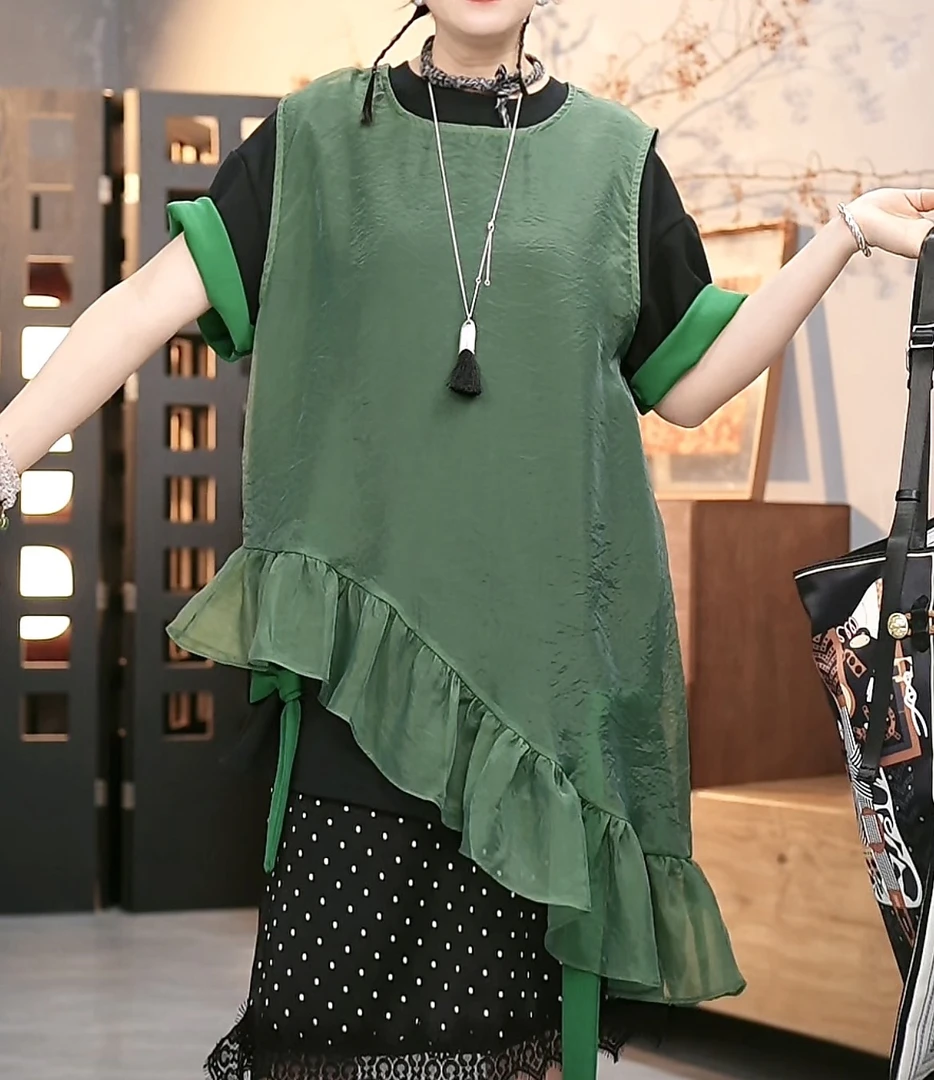 2025年夏季新款时尚波浪木耳边纯色不规则纱背心-1178