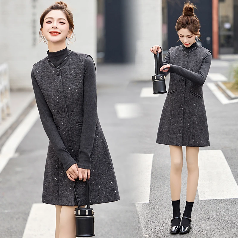 小香风连衣裙套装女春季小个子2025新款爆款亮片叠穿背心裙两件套