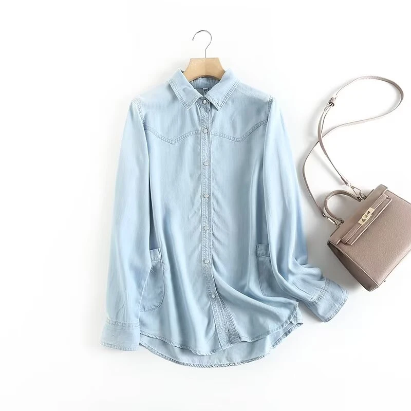 2295中长款天丝牛仔牛仔衬衣女薄款长袖时尚气质休闲垂感透气衬衫