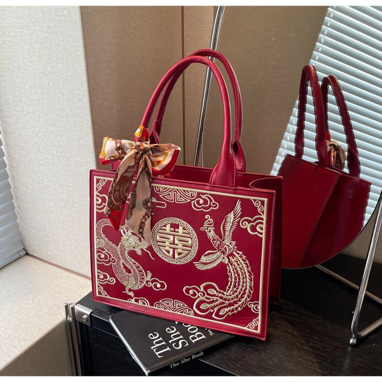 红色包包女2025新款新中式刺绣婚包手提托特包婚礼结婚新娘包