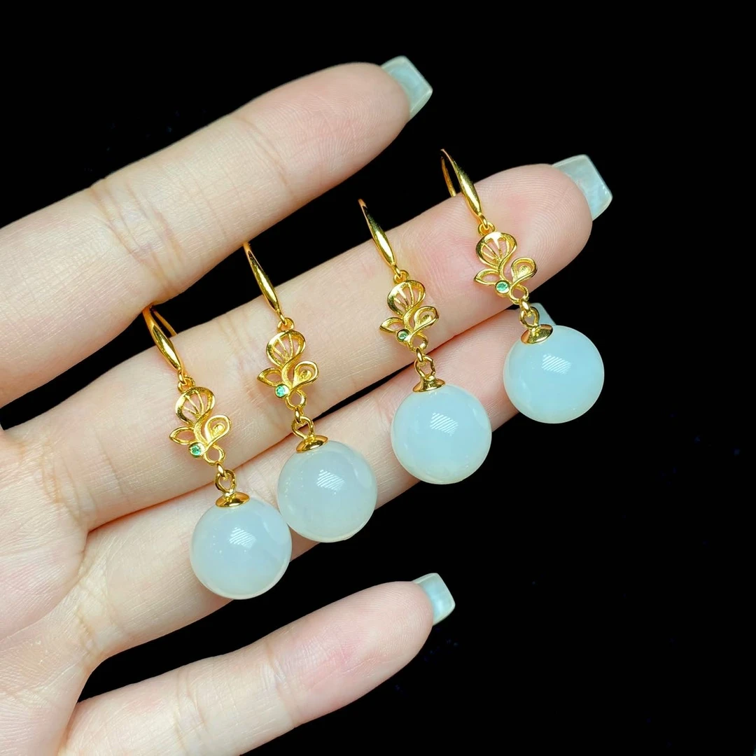 【小宝珠宝】29 S32838-S925银镶和田玉耳饰-多样性发其一-约11.5mm