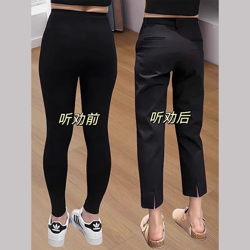 开叉直筒休闲西装裤女夏季新款大码胖mm高腰遮肉显瘦烟管九分西裤