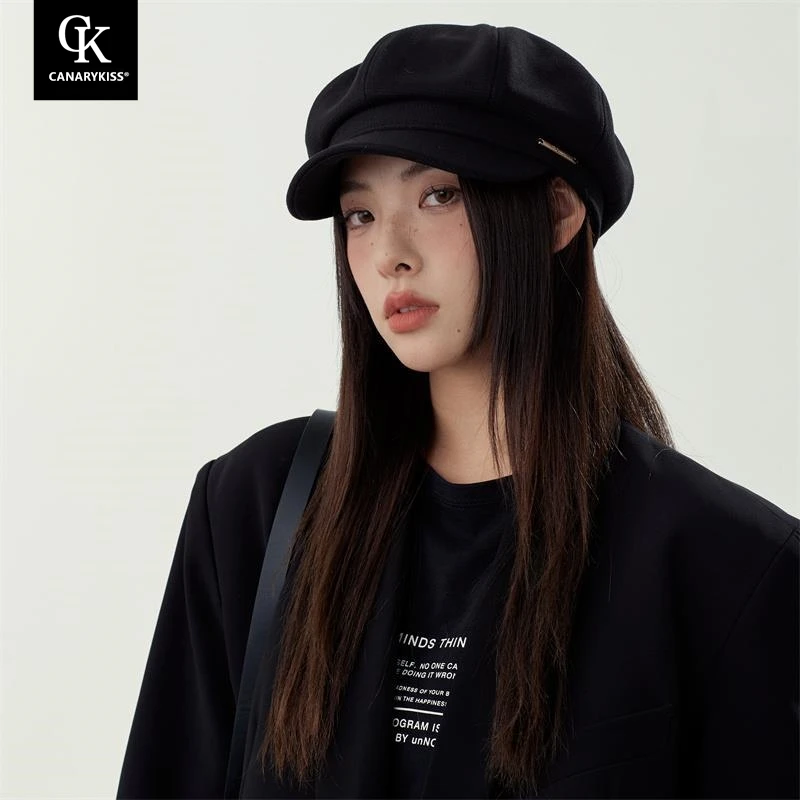 Canary Kiss黑色鸭舌贝雷帽女韩版百搭显脸小八角帽日系秋冬帽子