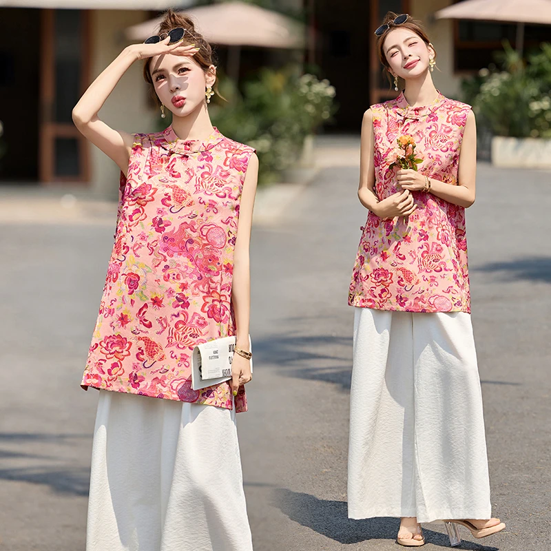 2025夏季新款高级感印花上衣无袖衬衫背心新中式盘扣国风旗袍马甲