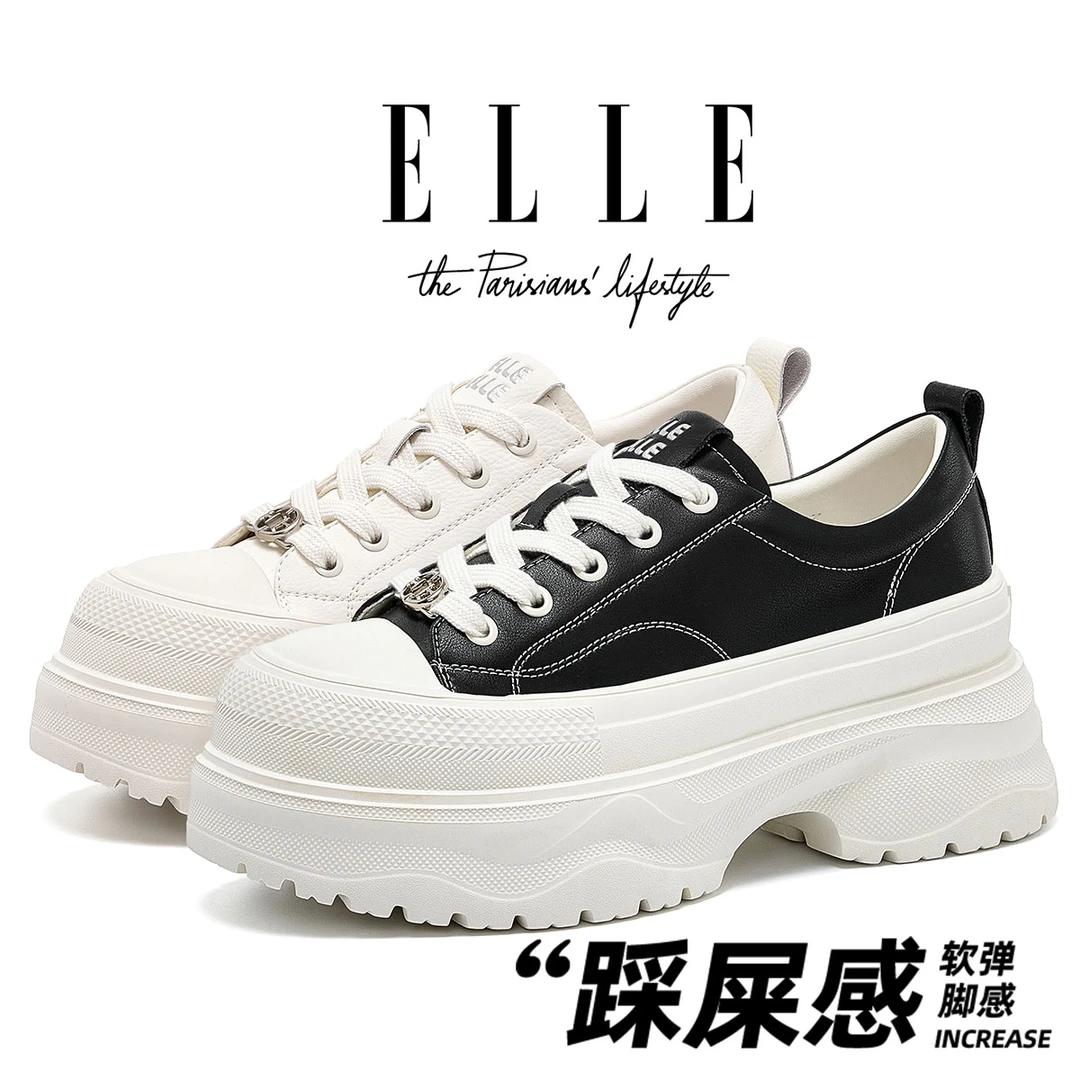 ELLE真皮经典黑白松糕鞋女2025新款增高不累脚圆头舒适厚底休闲鞋