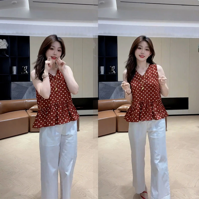 巨好看夏装2025超火一整套无袖波点上衣休闲裤减龄显瘦气质两件套