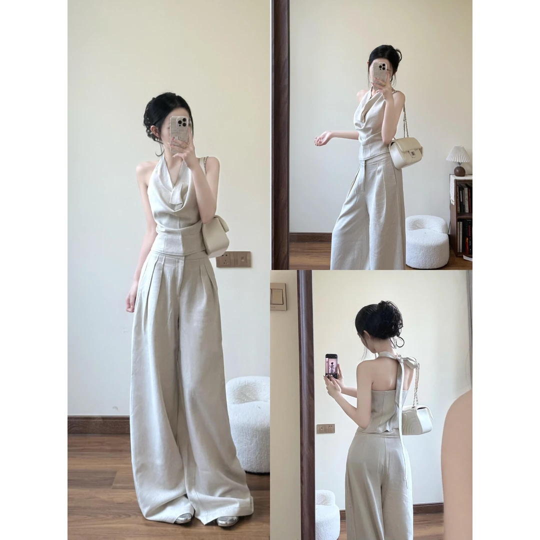 挂脖荡领背心气质高级感上衣女夏季新款阔腿休闲裤松弛感穿搭套装