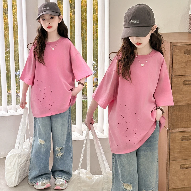 夏季女童套装2025新款洋气韩版休闲破洞牛仔裤两件套儿童夏装潮童