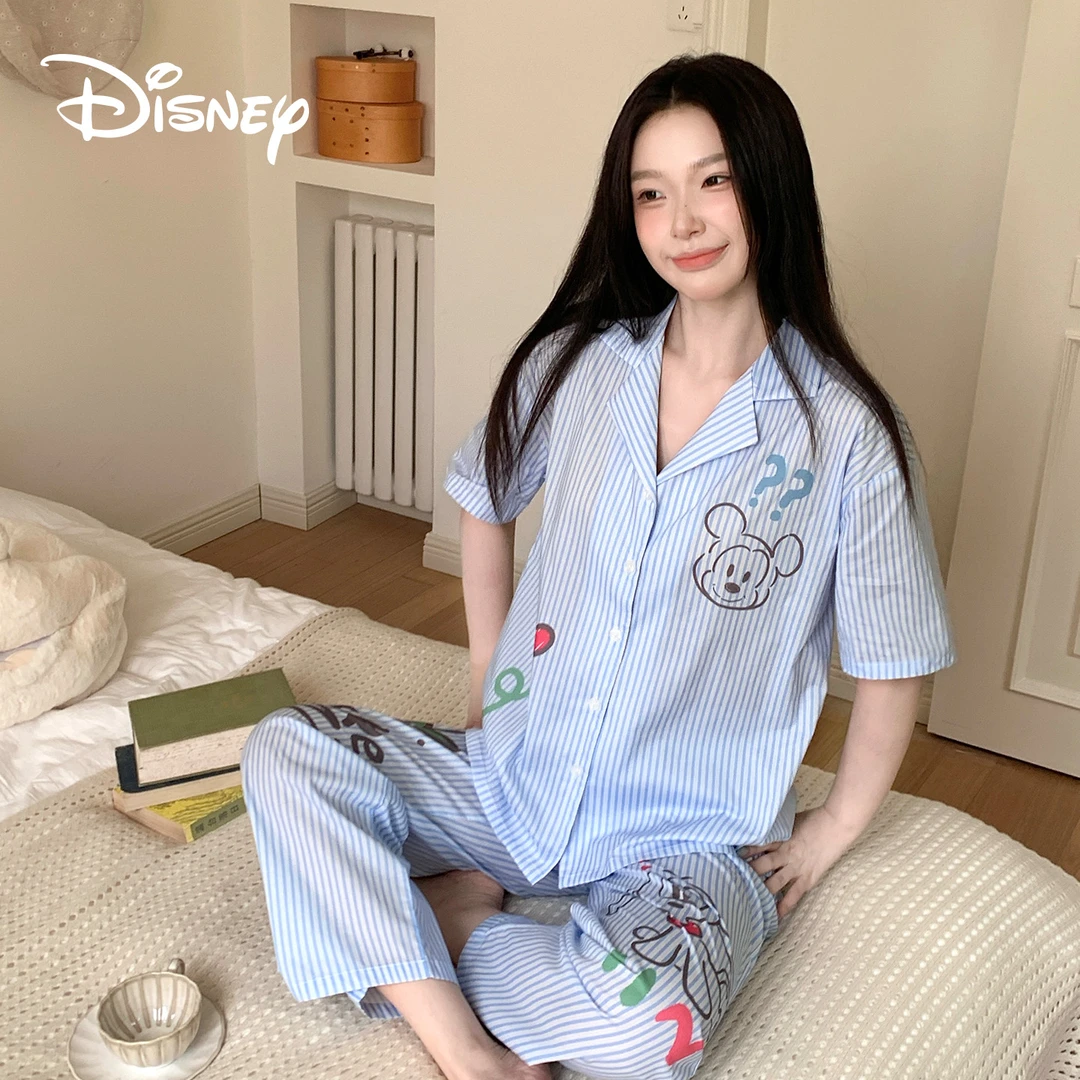 Disney/迪士尼纯棉条纹短袖长裤女款可外穿休闲家居服睡衣新款
