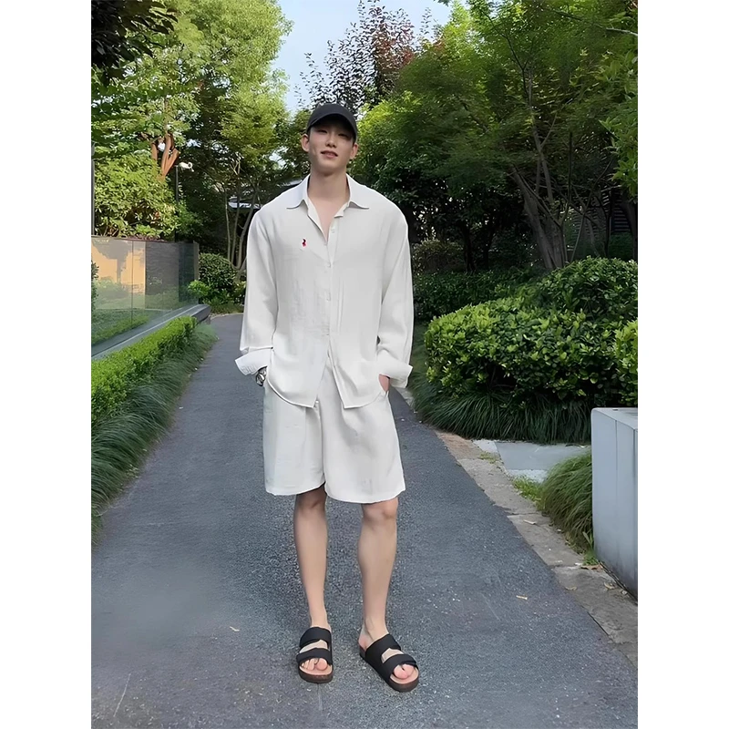 老钱风亚麻套装衬衫短裤男款夏慵懒松弛感穿搭一整套防晒衬衣外套