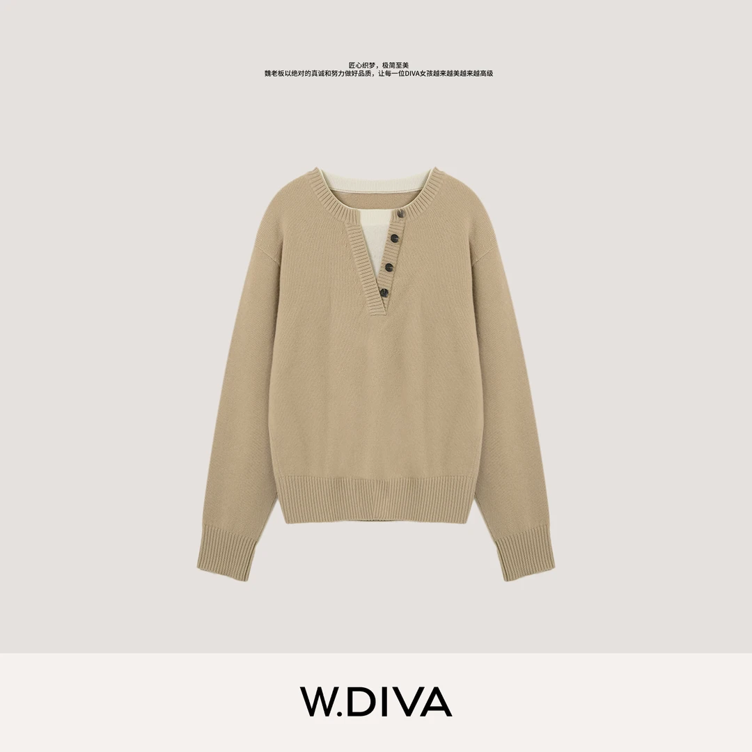 W.Diva【菲林日记】100美丽诺绵羊毛V领假两件针织套头衫54Z093074