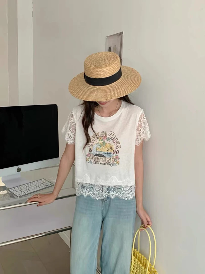 Q L—37683圆领T恤白色新潮风短袖吸汗拼接夏季印花蕾丝