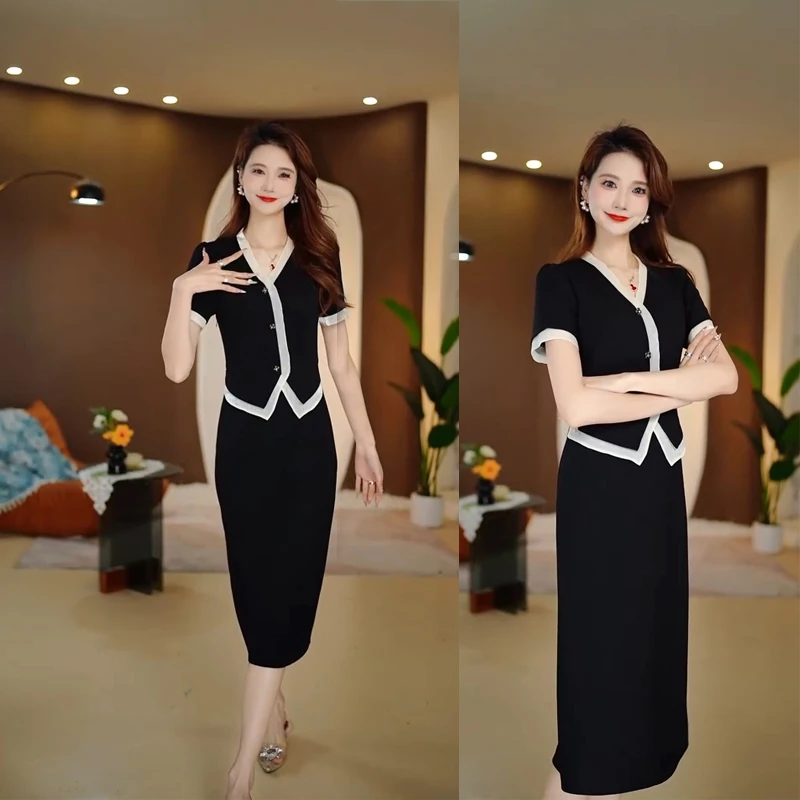 琴妲QD8090夏季洋气V领撞色拼接假两件收腰显瘦气质遮肉连衣裙