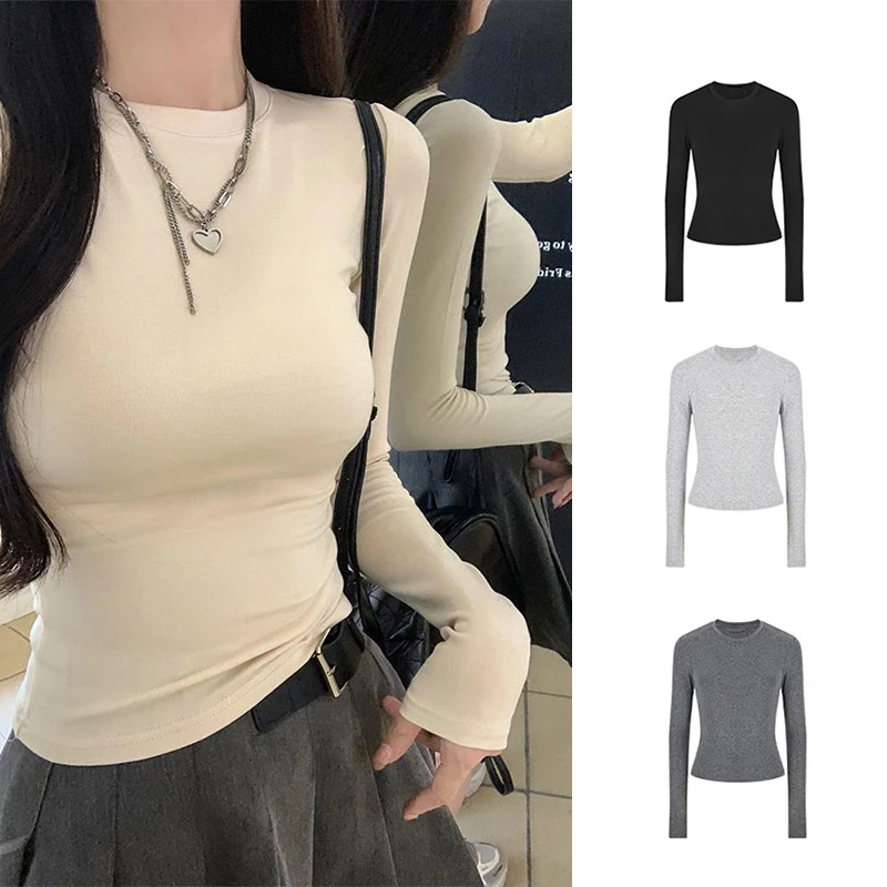 醉梓菡显瘦圆领正肩T恤女内搭外穿春秋百搭修身长袖打底衫上衣