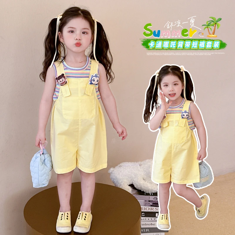 女童卡通哪吒背带短裤背心套装时尚洋气高级小众凉爽舒适休闲宽松