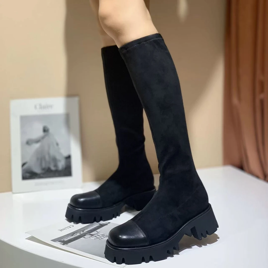 C211 黑色 秋冬时尚舒适粗跟圆头高筒女长靴弹力靴 骑士靴
