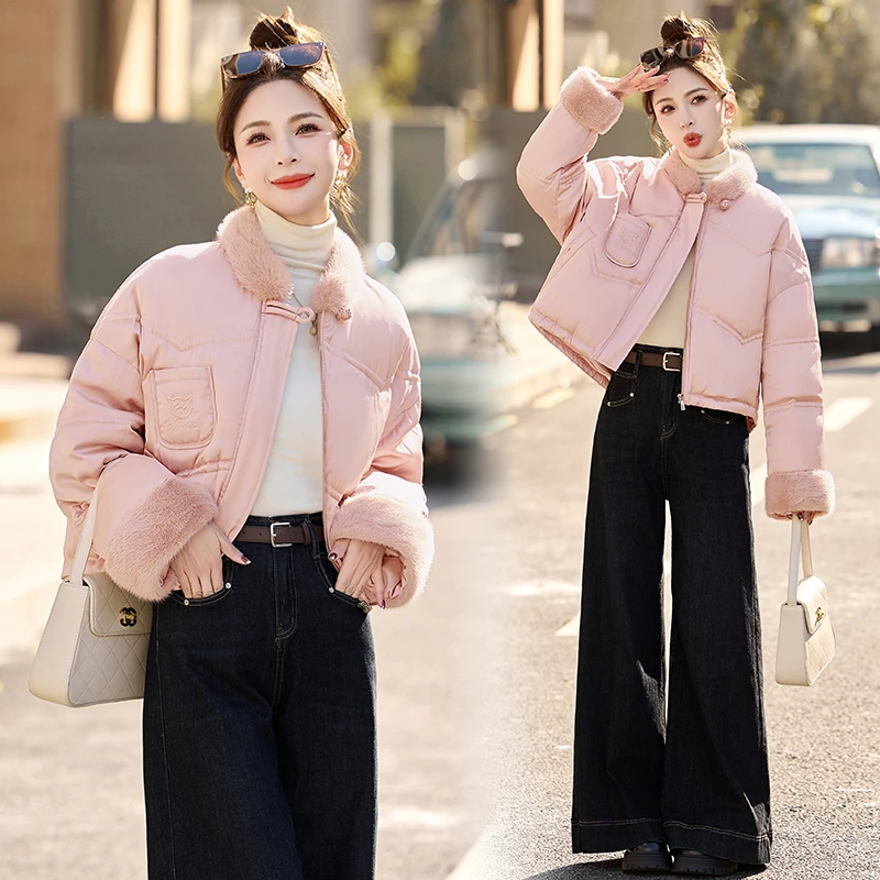 仿水貂毛拼接羽绒服女2024冬季新款小个子洋气减龄白鸭绒短款外套