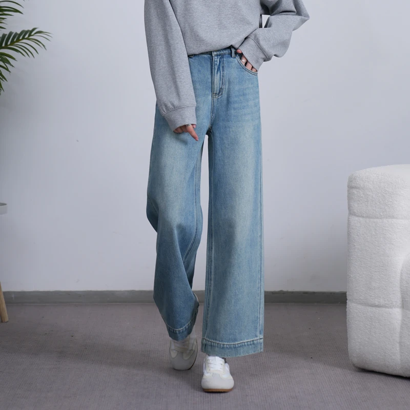 凌丹娜正品九分直筒牛仔裤高腰浅蓝秋款宽松复古显瘦阔腿裤RG8132