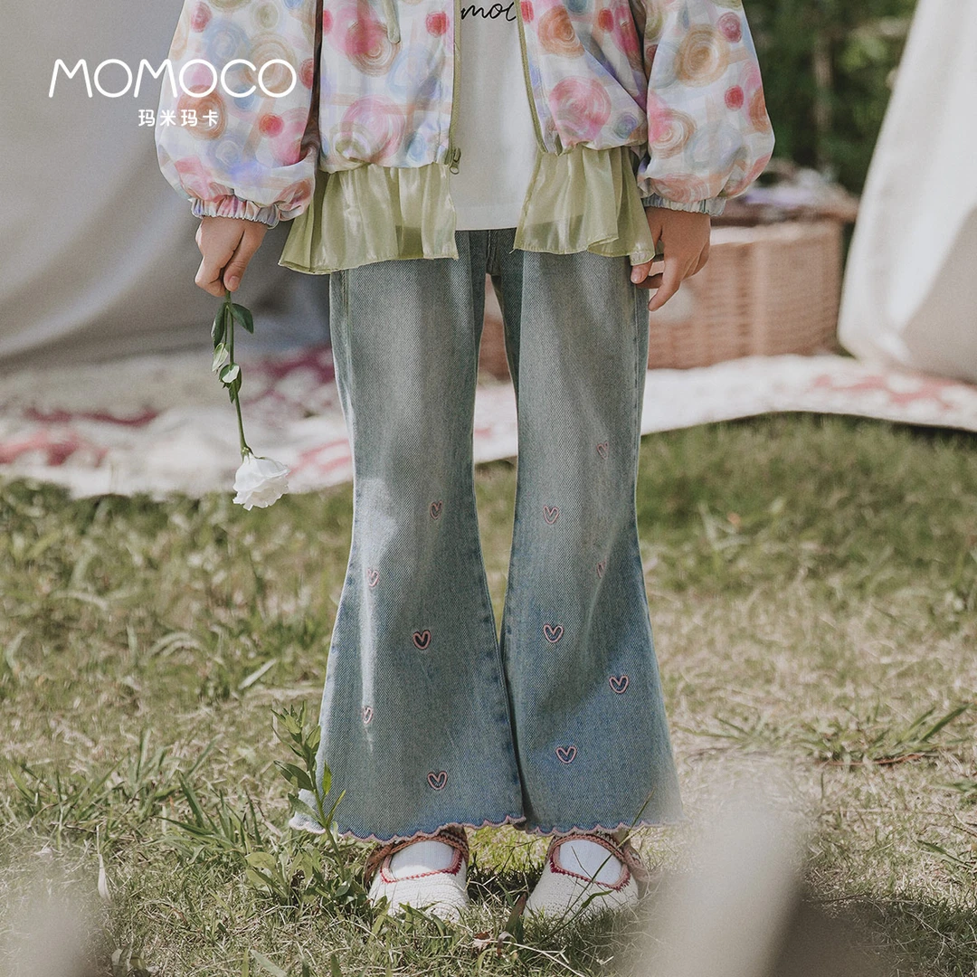 MOMOCO女童秋季新款柔软舒适甜美桃心微喇牛仔长裤77780350006