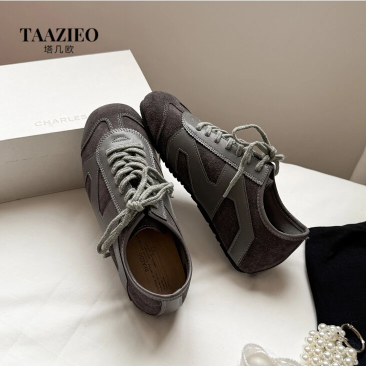TAAZIEO真皮版复古棕色系带休闲阿甘鞋女新款圆头低帮软底德训鞋