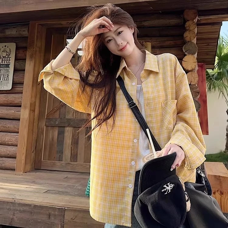 韩系黄色格子长袖防晒衬衫外套女夏季2025新款休闲宽松慵懒风衬衣