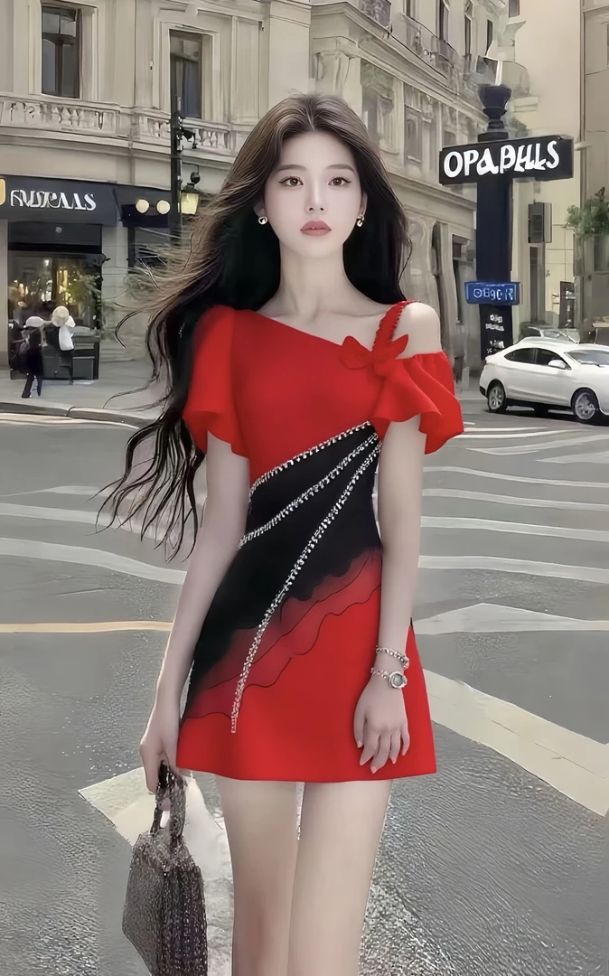 法式温柔甜美风时尚高端大气氛围感红色斜领短袖收腰拼接连衣裙女